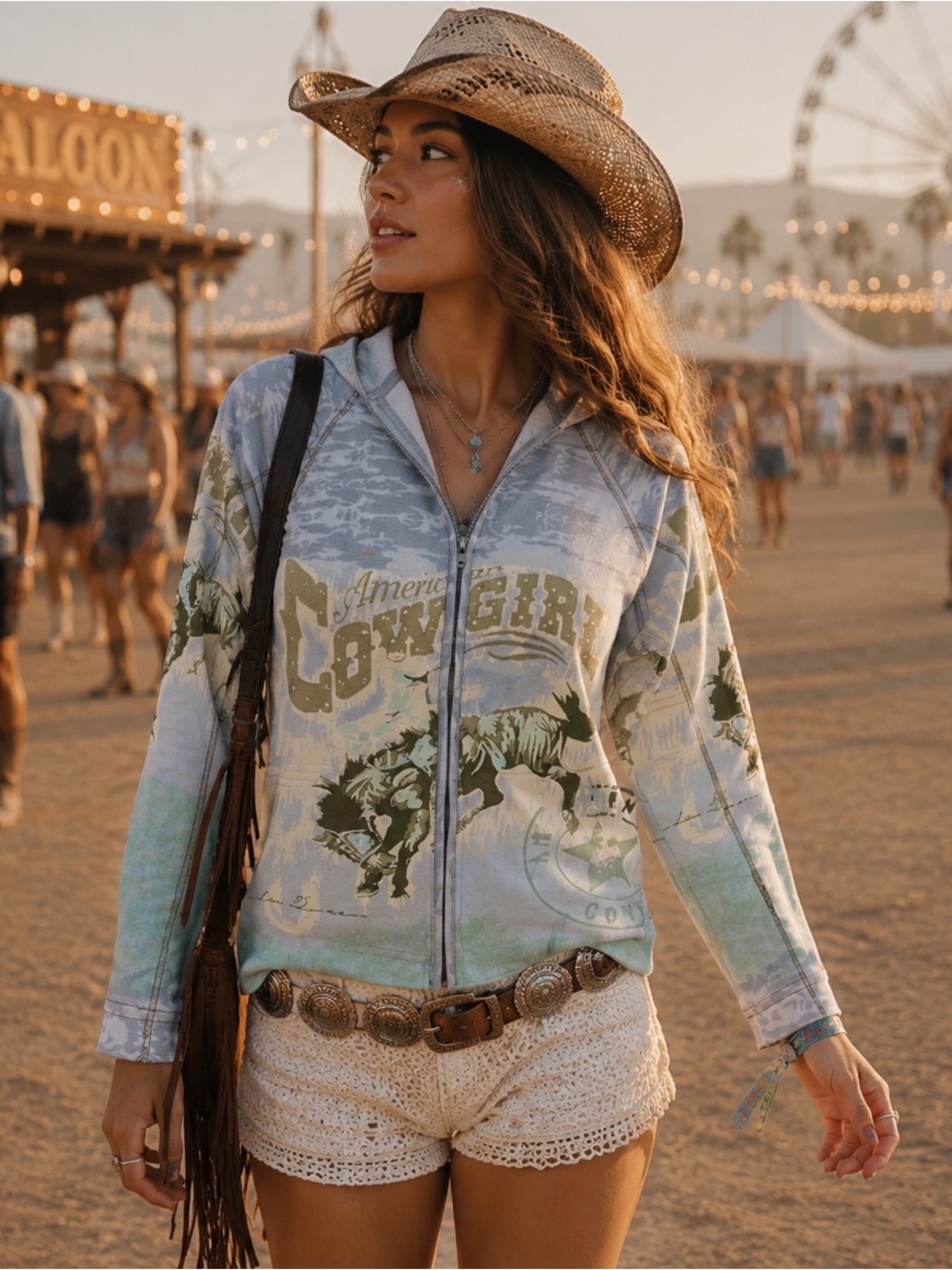 MODA USA Y2K Pale Blue Mint ZipUp Hoodie Rodeo Graphic Festival Chic Cowgirl
